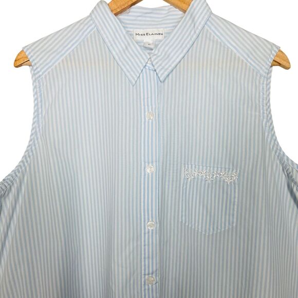 Miss Elaine Short Nightgown Size XL Sleeveless Button Stripe Cotton Light Blue - Picture 5 of 13